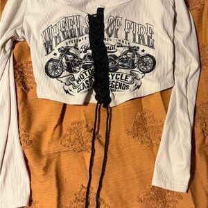 Windsor Orange and White Long Sleeve Crop Top with Tie Front